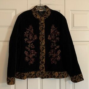 Gorgeous Embroidered Jacket black with Floral Trim Wooden Buttons Women’s XL. H1